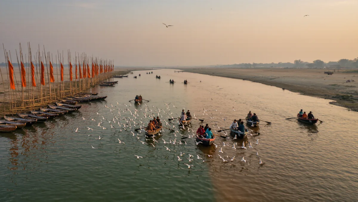 Rowing boats and gulls at the Triveni Sangam in Prayagraj at sunrise