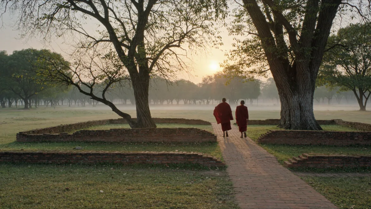 Two Buddhist monks walking between excavated brick monastery foundations at Sarnath at dawn