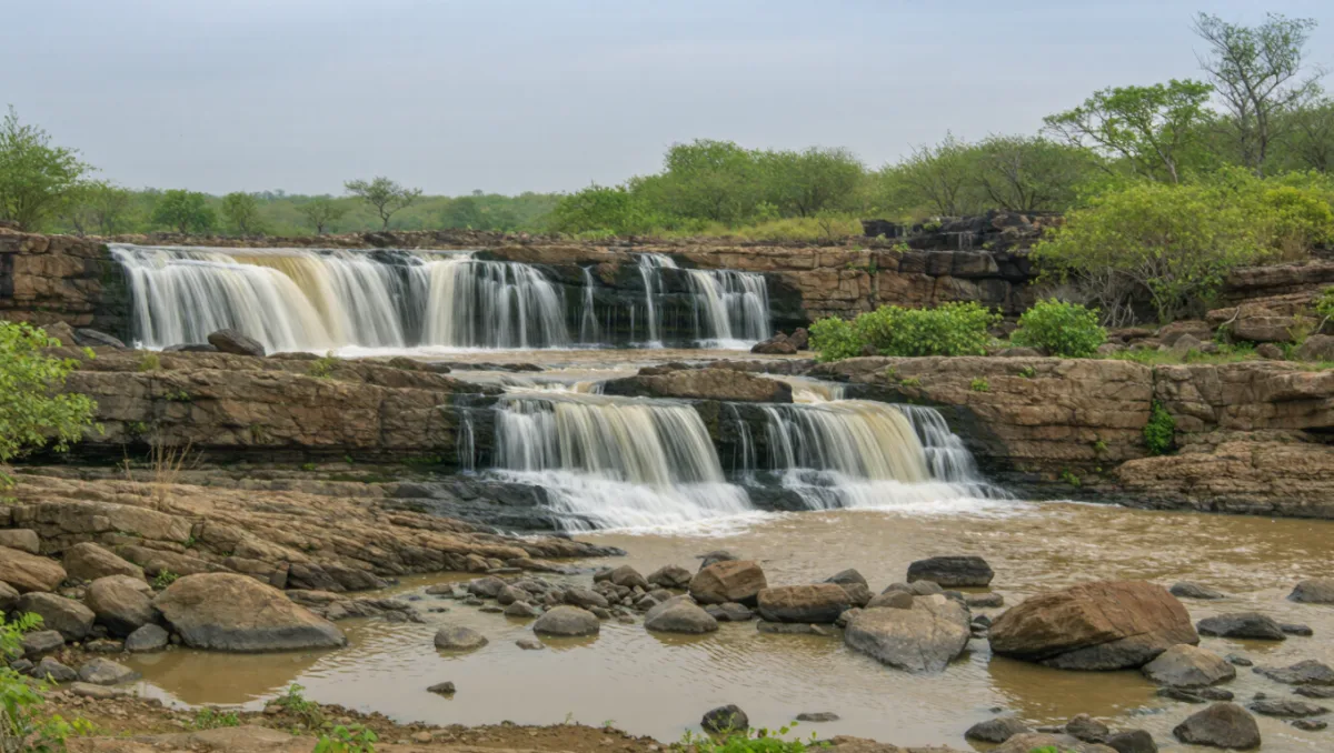 Waterfall over sandstone ledges in the Vindhya hills near Varanasi after the monsoon